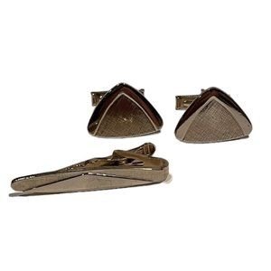 Vintage Men's Cufflinks with Tie Clip, Goldtone, Triangle